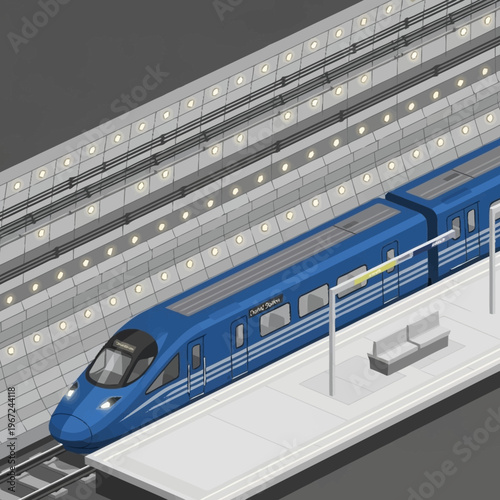 Isometric Blue High-Speed Train at Station Platform.
