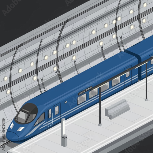 Isometric Blue High-Speed Train at Station Platform.