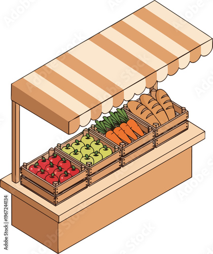 Isometric Vector Illustration of a Fresh Produce Market Stall with Fruits, Vegetables, and Bread in Wooden Crates Isolated on White Background