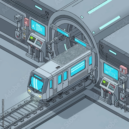 Futuristic Subway Train Entering Station in Isometric View.
