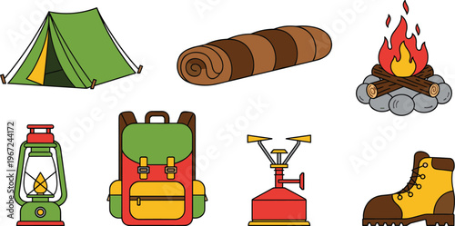 Camping Equipment Icons Set Featuring Tent, Sleeping Bag, Lantern, Backpack, Stove, Campfire, and Hiking Boots for Outdoor Adventure Designs