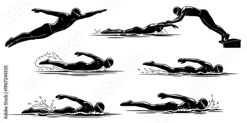 Professional swimming silhouette set features swimmers diving and racing in a black vector illustration.
