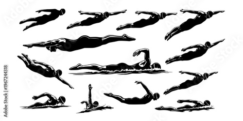 Professional swimming silhouette set features swimmers diving and racing in a black vector illustration.
