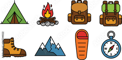 Camping Gear Icons Set Featuring Tent, Campfire, Backpack, Hiking Boots, Mountain, Sleeping Bag, and Compass for Outdoor Adventure Designs