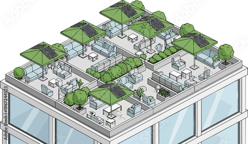Modern Isometric Rooftop Terrace with Solar Panels, Outdoor Lounge Furniture, and Sustainable Urban Garden Design for Eco-Friendly Architecture and Living