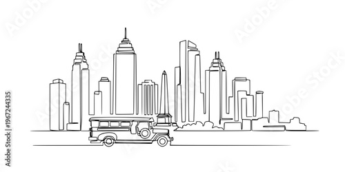 Philippines Manila skyline continuous line drawing features a Jeepney, Rizal Monument, and skyscrapers.
