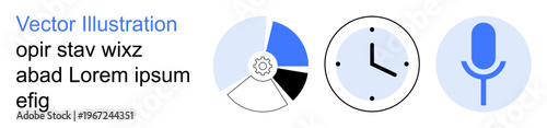 Data management, technology settings, time tracking, voice recognition, application design, digital workflow. Pie chart with gear, clock microphone. Data management and technology settings concepts