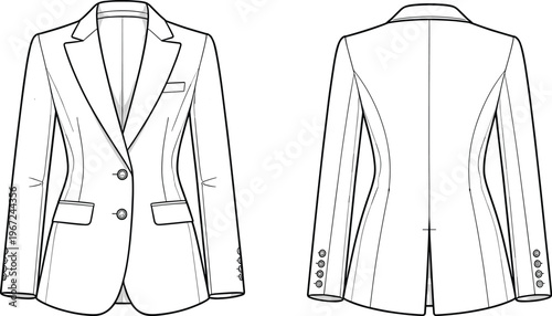 Technical fashion illustration of tailored blazer front and back views with notched lapel, two-button closure, flap pockets, princess seams, and center vent design