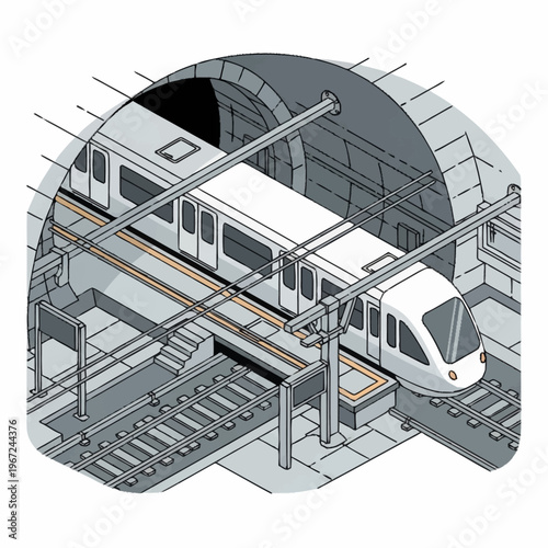 Isometric View of a Modern Subway Train in a Tunnel.