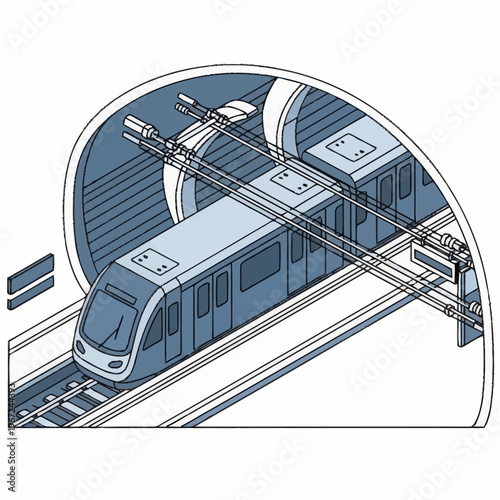 Isometric View of a Subway Train in a Tunnel.