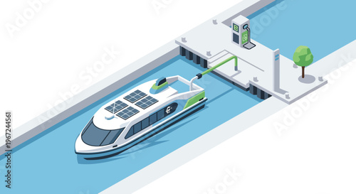 Isometric Electric Ferry Charging at Sustainable Dock with Solar Panels, Eco-Friendly Maritime Transport and Green Energy Infrastructure Illustration