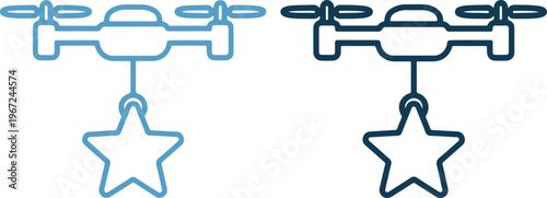 Blue and dark blue drone icons with star shapes hanging from them