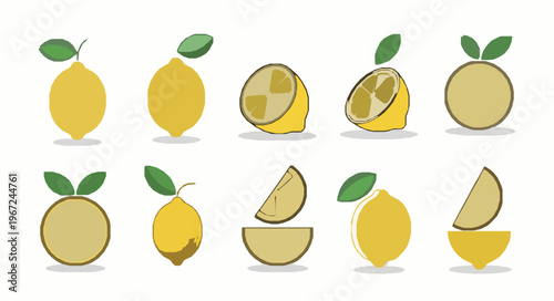 Retro lemon line icon set whole slice leaves vector EPS10 isolated on white