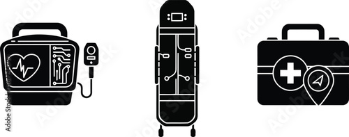 Vector of Emergency medical equipment and hospital logistics icons in professional black style