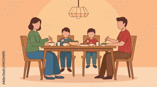 Illustration of a family of four dining together at home, enjoying a meal.