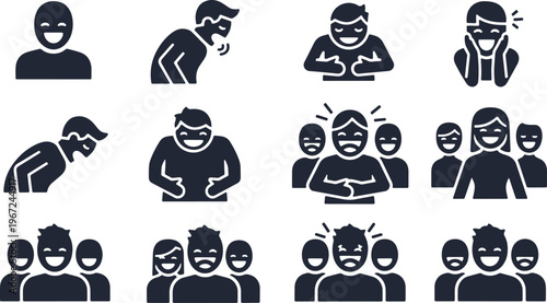 A set of flat black and white icons depicting various expressions of laughter and joy in people.