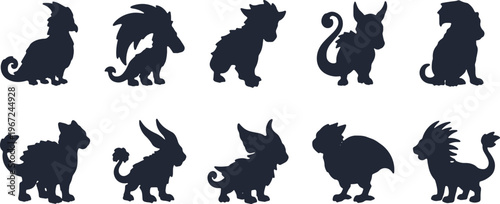 Collection of various fantasy monster silhouettes featuring mythical creatures and beasts