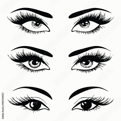 Vector eyes with eyelashes and eyebrows, eye makeup illustrations, black and white, eye vector set