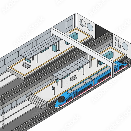 Isometric Illustration of a Modern Train Station with Blue Train.