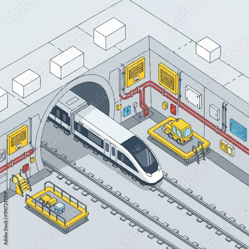 Isometric View of a High-Speed Train in a Tunnel.