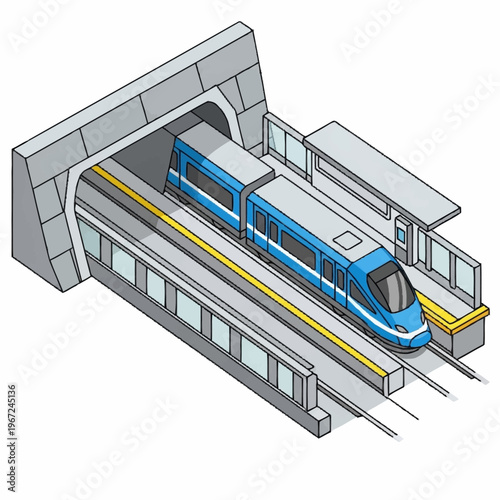 Isometric View of a Modern Blue Train Entering a Tunnel.