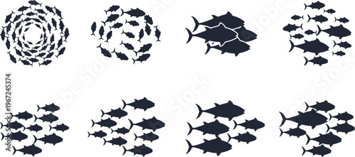 Collection of fish school silhouettes showing different swimming patterns and group formations
