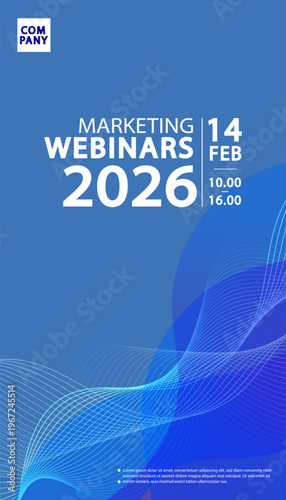 Modern marketing webinar story banner template with abstract blue wave line background. Vector illustration for business conference and digital online event announcement.