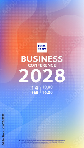 Modern business conference vertical banner template for social media story. Vector illustration featuring abstract liquid gradient background with halftone dots pattern.