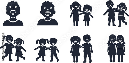 Collection of black silhouettes featuring laughing children and happy friends together.