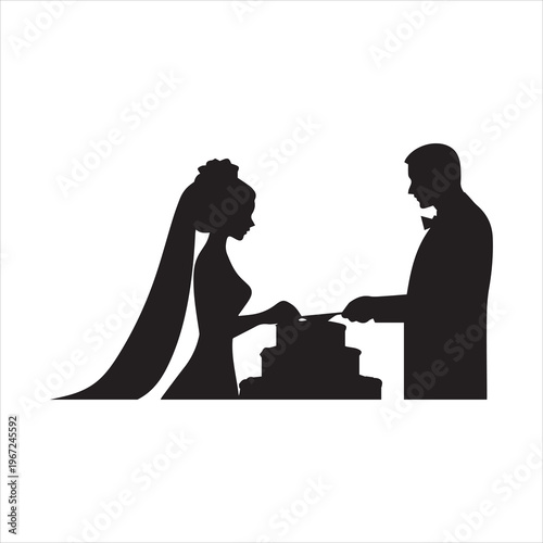 Black silhouette of bride and groom cutting wedding cake together on their special day