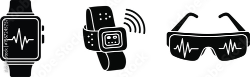Vector of Wearable medical health tracking devices and smart biometric monitoring icons