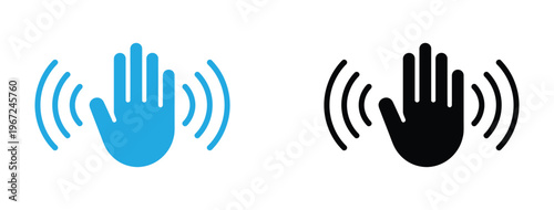 Illustration of vector hand with palm facing outward and sound waves. Hand gesture icons with sound waves for communication and technology concepts Vector illustration. 