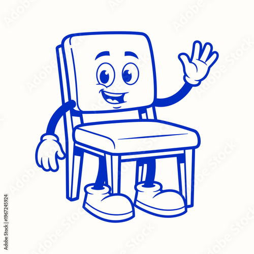 Friendly Cartoon Chair Character Mascot Waving Vector Icon