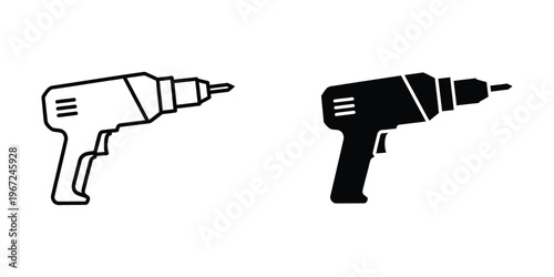 Contrast between a white and black outline design of a power drill tool