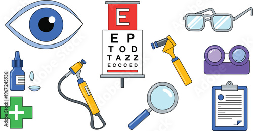 Eye Health and Vision Care Icons Set with Eye Chart, Glasses, Drops, and Medical Tools for Optometry, Vision Testing, and Healthcare Applications