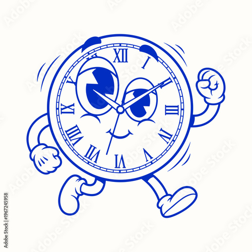 Energetic Cartoon Clock Character with Roman Numerals Running
