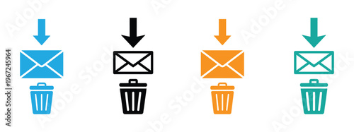 Vector illustration icon black icon of an envelope being dragged into a trash can. Colorful icons depicting email deletion in various stages and colors Vector illustration