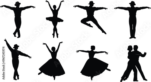 Ballet and Ballroom Dance Silhouette Set with Dancers in Elegant Performance Poses, Classical Dance and Performing Arts Concept