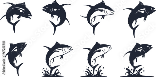 Collection of eight black and white tuna fish illustrations in various jumping poses.