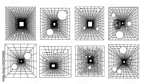Retro cyberpunk abstract posters black and white acid style vector collection with tunnel grid and circle geometry