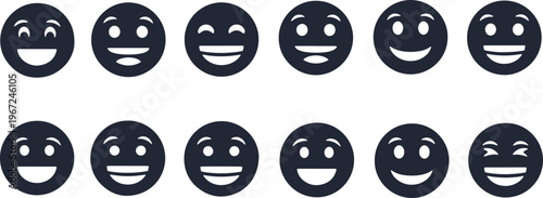 A set of twelve black and white smiley face icons showing different happy and joyful expressions.