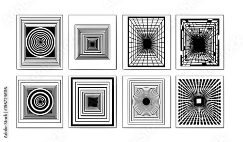 Modern abstract black and white retro futuristic posters set with geometric grid tunnel and circle acid style vector design
