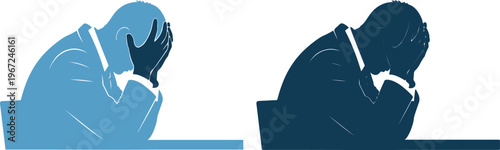 Two stressed businessmen sitting at a table in blue tones