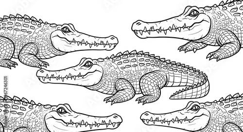 A black and white illustration of multiple crocodiles pattern