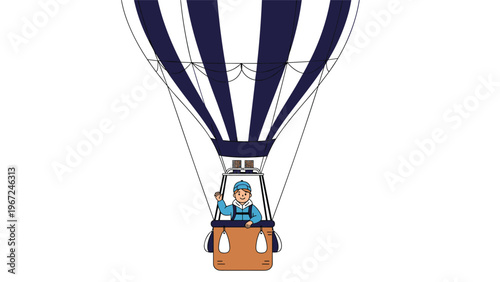 Young boy waves from the basket of a large blue and white striped hot air balloon soaring high in the sky in this cartoon.