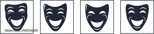 A set of four black and white comedy theater masks in a row for drama and performance art