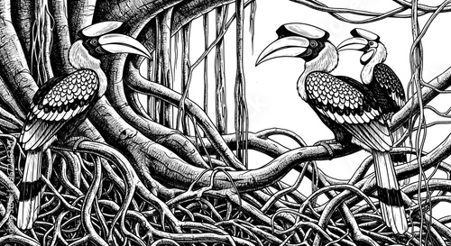 Detailed Black and White Illustration of Three Toucans Perched