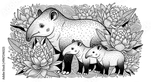 Detailed illustration of a giant anteater with two young ones