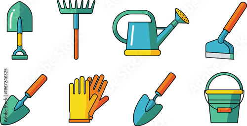 Gardening Tools Icons Set Featuring Shovel, Rake, Watering Can, Gloves, and Bucket for Home Gardening and Landscaping Designs