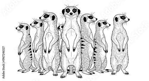 A Group of Meerkats Standing Upright in Alert Posture